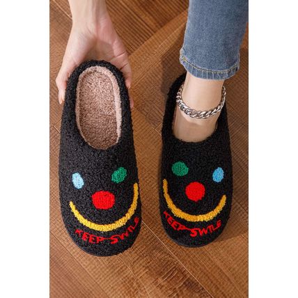 Black Keep Smile Printed Sherpa Home Slippers