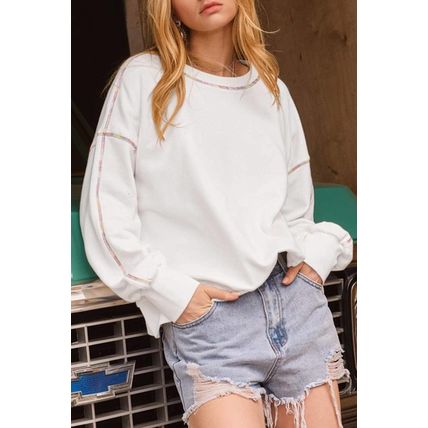 White Contrast Rainbow Trim Drop Shoulder Pullover Sweatshirt