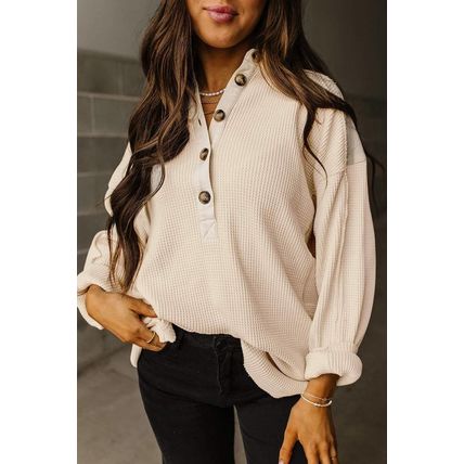 Jet Stream Waffle Long Sleeve Collar Half Button Loose Top