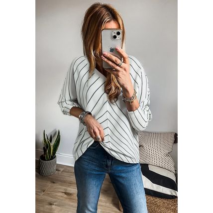 Black Stripe Chevron Striped V Neck Long Sleeve Casual Top