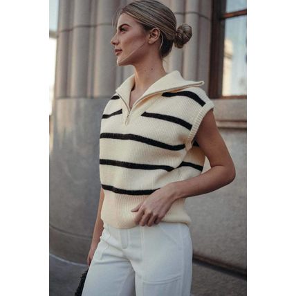 White Stripe Zipped Collar Cap Sleeve Knit Top