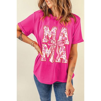 Rose Red Floral MAMA Lettering Bow Print T Shirt