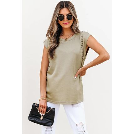 Sage Green Studded Cap Sleeve Round Neck T Shirt