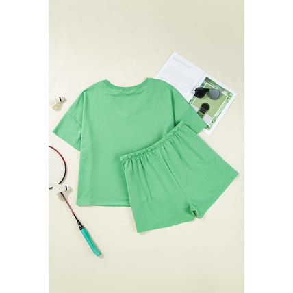 Mint Green Plus Size V Neck Tee Patched Pocket Drawstring Shorts Set
