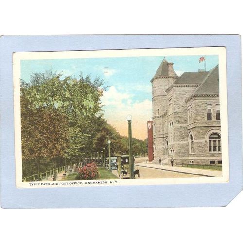 New York Binghamton Tyler Park & Post Office Street Scene w/Old Cars ny_bo~580