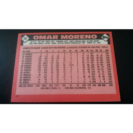 1986 Topps Traded Card # 075T Omar Moreno Excellent (5) Atlanta Braves