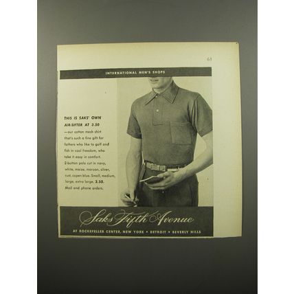 1950 Saks Fifth Avenue Air-Sifter Shirt Advertisement