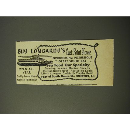 1954 Guy Lombardo's East Point House Ad - Overlooking picturesque south bay