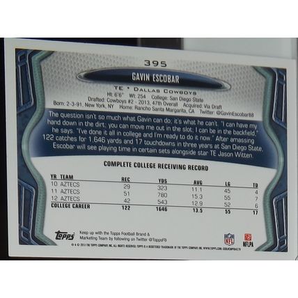 2013 Topps GAVIN ESCOBAR (Cowboys) Rookie Card #395