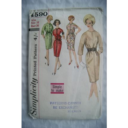 Vintage: Simplicity Pattern No. 4590 Misses one piece dress size 16 bust 36 inch