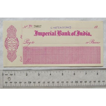 1940s unused cheque Imperial Bank of India, Chittagong