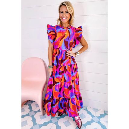 Orange Abstract Printed High Waist Ruffle Tiered Long Dress