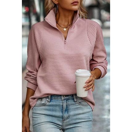 Peach Blossom Ribbed Texture Quarter Zip Sweatshirt