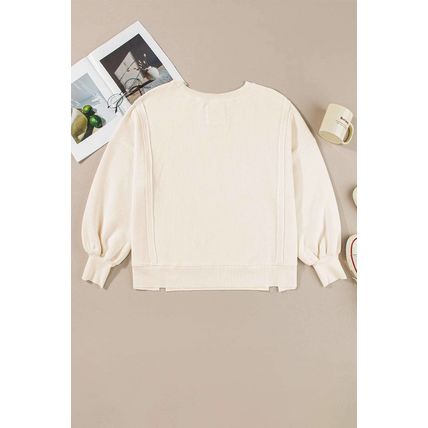 White Waffle Knit Bishop Sleeve Split Oversized Sweatshirt