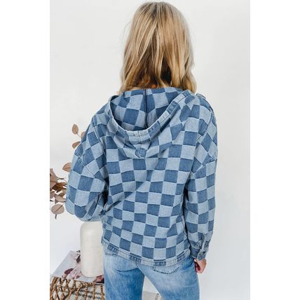 Sky Blue Checkerboard Zipped Neck Kangaroo Pocket Denim Hoodie