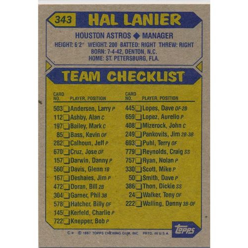 1987 Topps - #343 - Hal Lanier TC