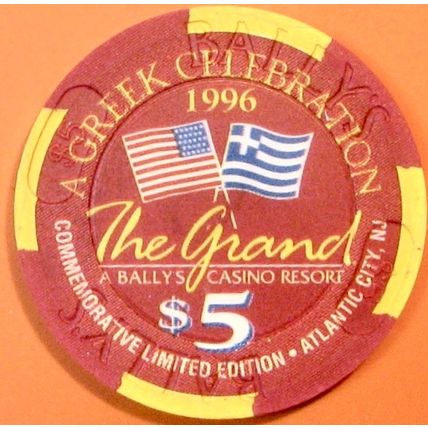 Bally's Grand. $5 Casino Chip. Atlantic City, NJ. Greek Celebration. X39.