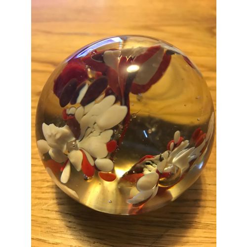 Glass Paper Weight with Red and White Flowers
