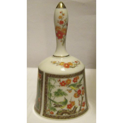 WHITE & GOLD EASTERN CERAMIC BELL - BIRDS & FLORAL 13 x 7 cm