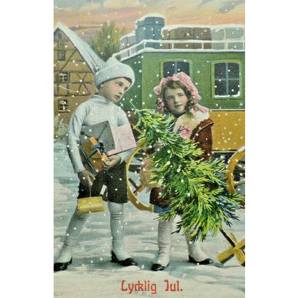 Christmas Young Boy and Girl Presents Christmas Tree Vintage Postcard A2