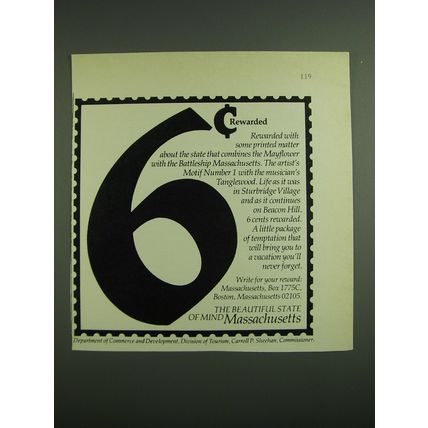 1971 Massachusetts Tourism Advertisement - 6¢ rewarded