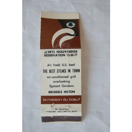 Matchbook Cover Brussels Hilton, la maison du boeuf, The Best Steaks in Town