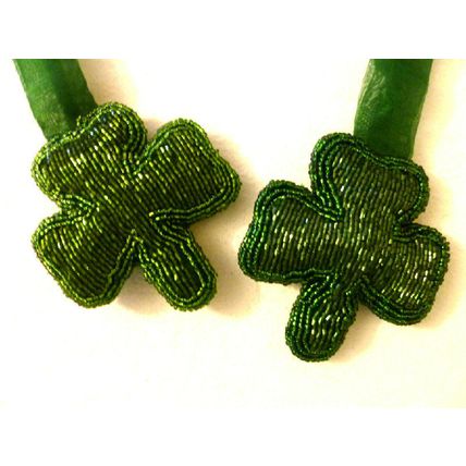 "PAIR SMALL GREEN FULLY BEADED IRISH SHAMROCK ORNAMENTS CHRISTMAS DECORATION"