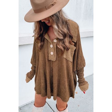 Brown Waffle Knit Buttoned Long Sleeve Top