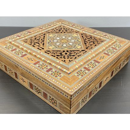 Wooden Mosaic Jewelry Box, Vintage Handmade Square Trinket, Inlaid with Mother o