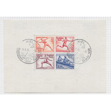 GERMANY 1936 OLYMPIC SPORT BLOCK 6 KARTON PAPER KIEL PMK, 5 ORDINARY STADIUM PMK