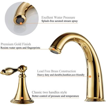 Beelee Gold Solid Brass Widespread Bathroom Faucet 3 Hole Two Handle Deck Mounte