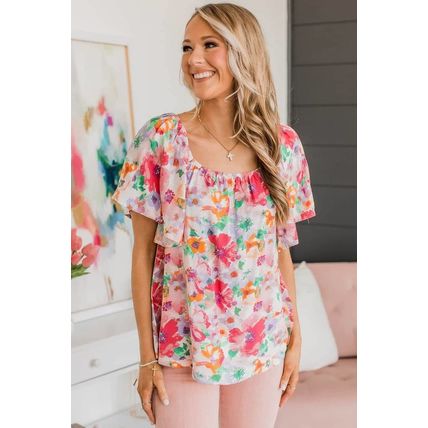 Multicolor Watercolor Floral Square Neck Ruffle Sleeve Blouse