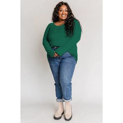 Green Lace Crochet V Neck Long Sleeve Top