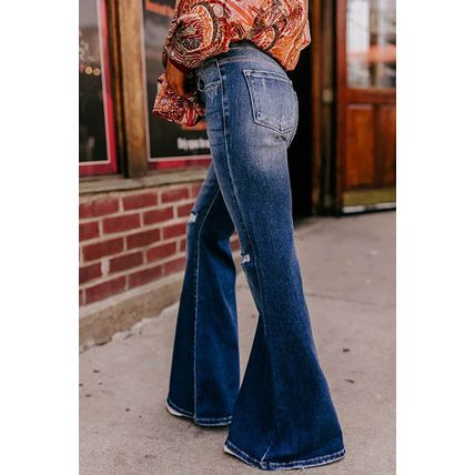 Sky Blue Button Fly Ripped High Waist Flare Jeans