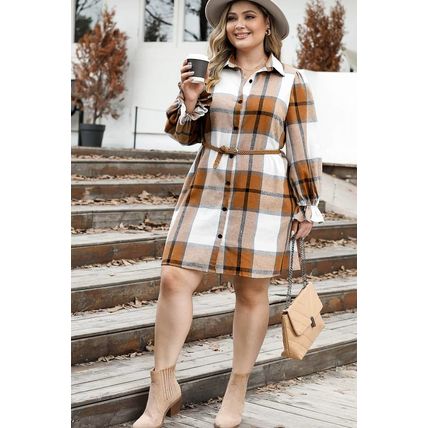 Khaki Plus Size Plaid Flounce Sleeve Button up Shirt Dress