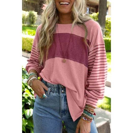 Peach Blossom Colorblock Striped Bishop Sleeve Top