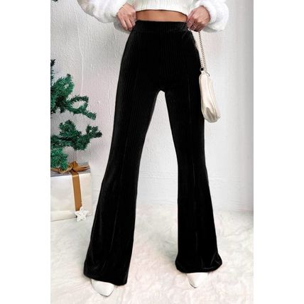 Black Solid Color High Waist Flare Corduroy Pants