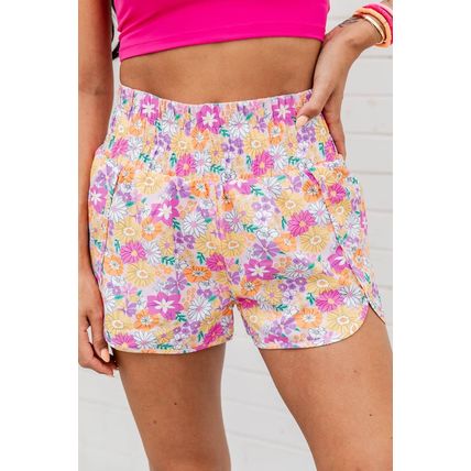 Pink Boho Floral Shirred High Waist Casual Shorts