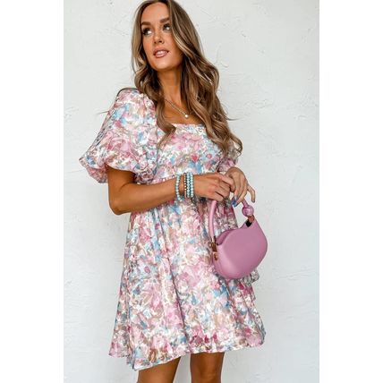 Pink Floral Puff Sleeve Square Neck Smock Ruffled Dress