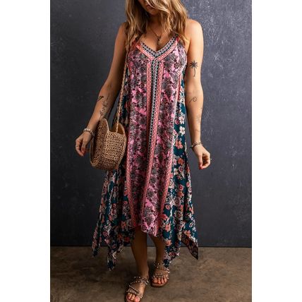 Pink Bohemian Floral Patchwork Print Long Sundress