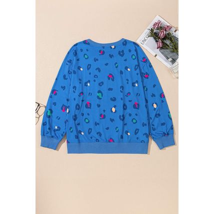 Sky Blue Leopard Ribbed Edge Drop Shoulder Pullover Sweatshirt