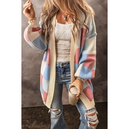 Light Blue Checkered Drop Shoulder Exposed Seam Open Front Cardigan