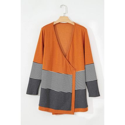 Orange Colorblock Striped Patchwork Open Cardigan