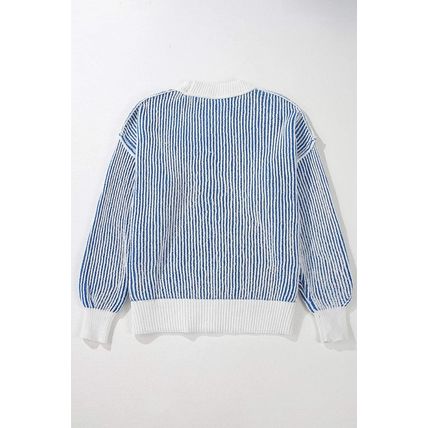 Dark Blue Striped Textured Knit Contrast Edge Loose Sweater
