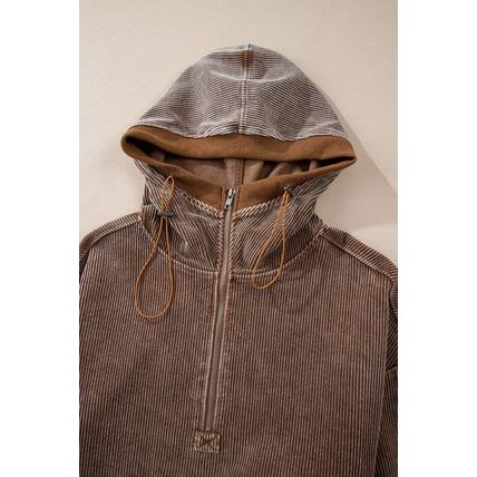 Chestnut Half Zipper Kangaroo Pocket Drawstring Corduroy Hoodie