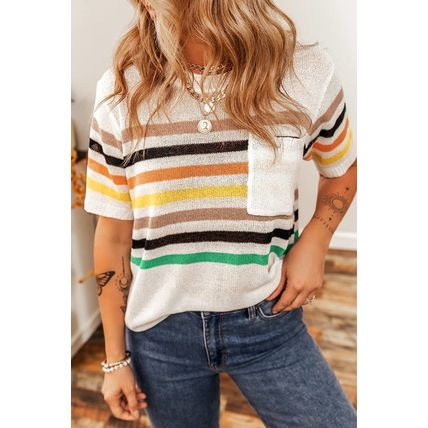 White Striped Pocketed Loose Fit Crewneck Knitted T Shirt