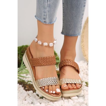 Gold Braided Dual Band PU Leather Wedge Slippers