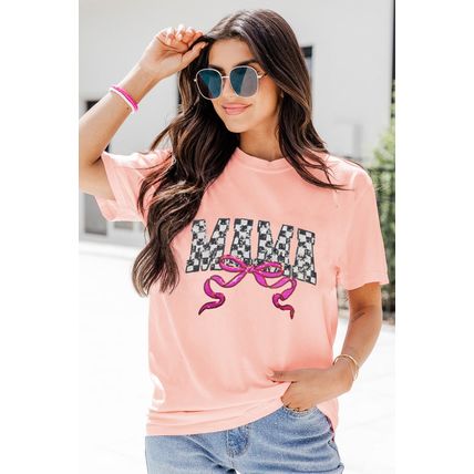 Pink Sequin Checkered MAMA Bow Graphic T Shirt