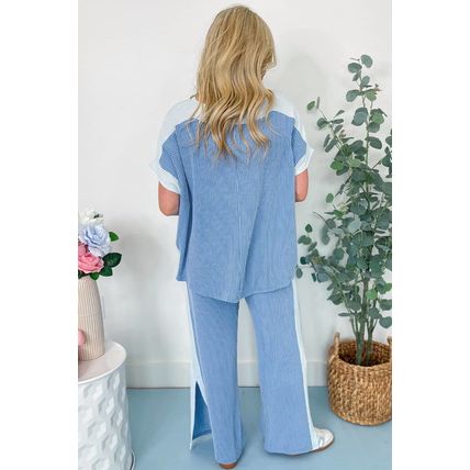 Sky Blue 2-tone Colorblock Patchwork Corded 2pcs Outfit