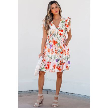 Pink Floral Double Ruffle Sleeve V Neck High Waist Mini Dress